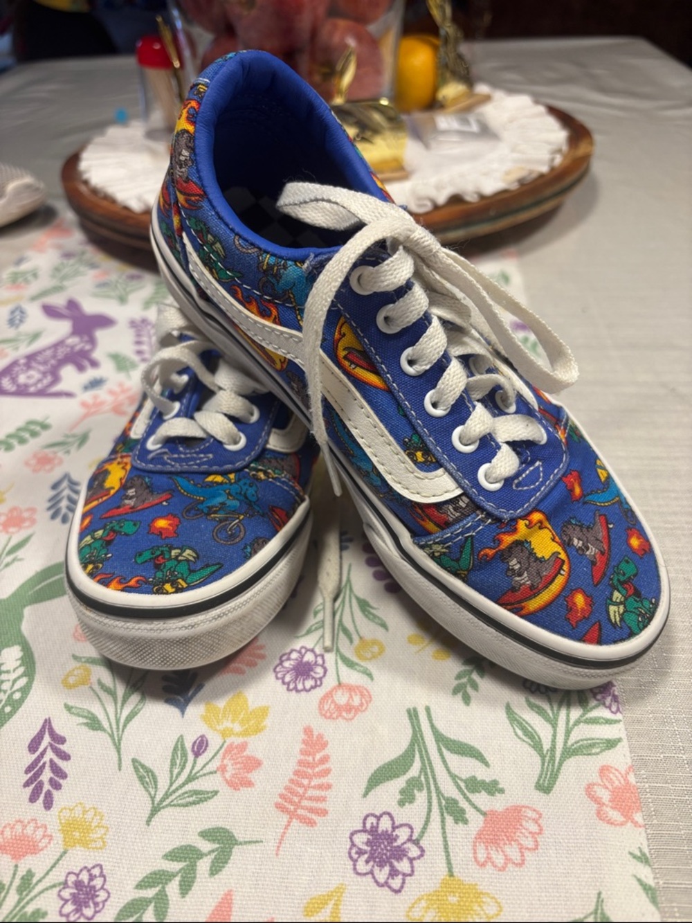 Vans Kids Blue Dinosaur Skate Sneakers with White Stripe